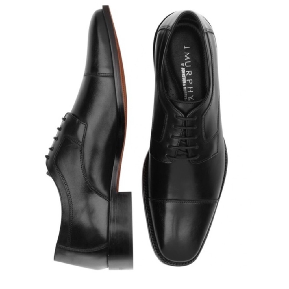 JOHNSTON & MURPHY MELTON CAP TOE OXFORD‎ MEN’S BLACK SHOES.SIZE 9W A23
